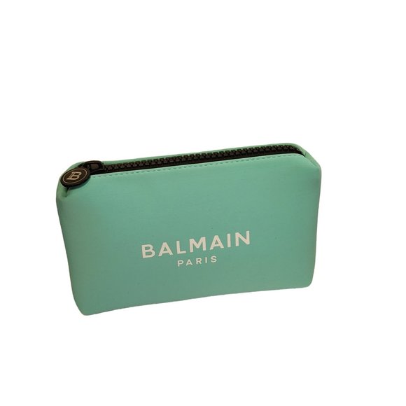 Balmain Paris Cosmetic Bag Turquoise Blue Neoprene Padded Logo Zipper New - Picture 2 of 13